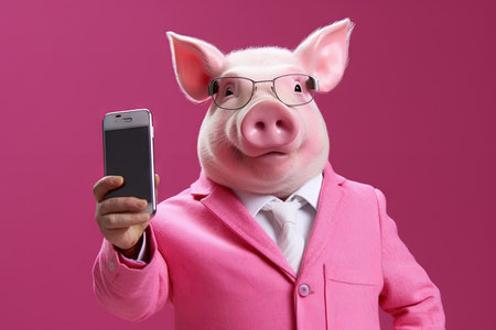 Pink pig farm funny animal making a selfie with smartphone illustration generative aiの素材