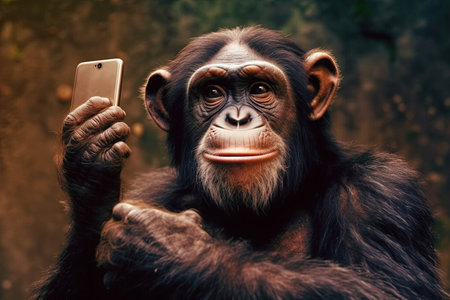 Chimpanzee monkey ape wild animal making a selfie with smartphone illustration generative aiの素材