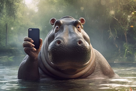 Hippo wild animal making a selfie with smartphone illustration generative aiの素材