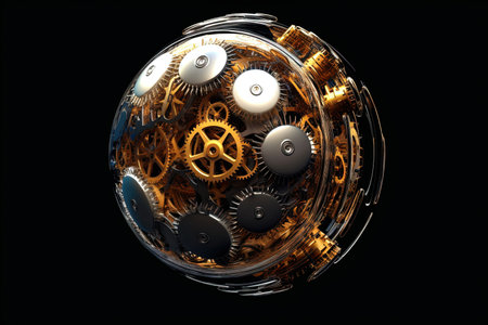 Soccer ball with a translucent outer shell, revealing intricate gears and mechanisms inside cool illustration generative aiの素材