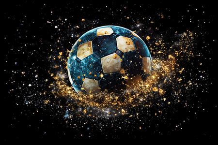 Soccer ball with a surface that shimmers like a field of stars, leaving a trail of stardust as it moves across the pitch, cool illustration generative aiの素材