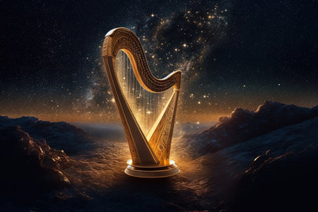 Otherworldly harp with strings made of glistening stardust, emitting ethereal melodies that resonate across the cosmos, captivating listeners with its celestial harmonies, illustration generative aiの素材