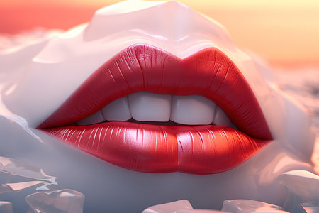 A surreal Lips blowing in the ice of north pole at sunset surrealistic lip illustration generative aiの素材