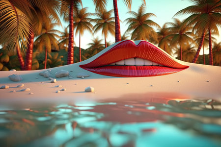 A surreal Lips blowing in the sand of polyneasian paradise tropical beach turquoise water lagoon at sunset surrealistic lip illustration generative aiの素材
