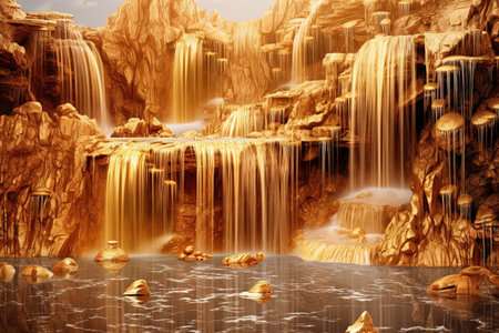 Digital artwork showcasing a cascading waterfall of golden liquid, representing the continuous flow of wealth and prosperity in the life of a rich person illustration generative aiの素材