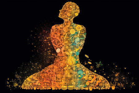 An Artistic depiction of a person's silhouette filled with intricate patterns of swirling dollar signs, representing the influence and power that wealth can bring illustration generative aiの素材