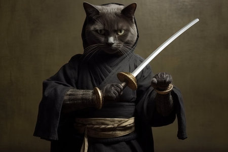 A Ninja cat from feudal Japan uses stealth and agility to outwit samurais, preserving peace and balance in an era of conflict illustration generative aiの素材