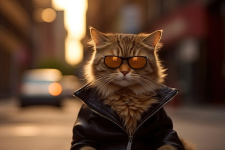 Watch as the mischievous cat dons sunglasses and struts down the sidewalk, oozing coolness and confidence. Hipster style, illustration generative aiの素材