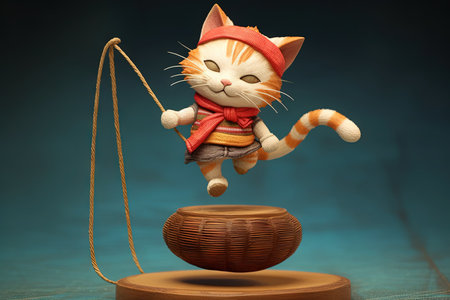 A playful cartoon cat balances on a ball of yarn, defying gravity with acrobatic moves. A delightful feline performer with a flair for comedy and a touch of manga style, illustration generative aiの素材