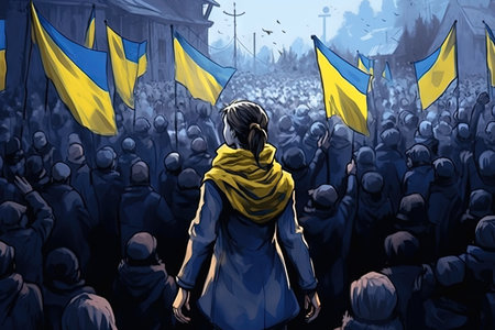 The resilience of the Ukrainian people stood strong, a testament to their unwavering spirit in the face of adversity. A heroic tale in manga style illustration generative aiの素材