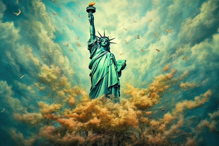 The Statue of Liberty transforms into a colossal tree of life, its branches reaching to the heavens, nourishing the world in an ethereal, nature - inspired style, illustration generative aiの素材