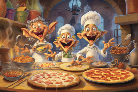 Cartoon Culinary Magic: Step into a whimsical world where pizza slices have personalities and pasta twirls into delightful characters, cartoon - style, illustration generative aiの素材