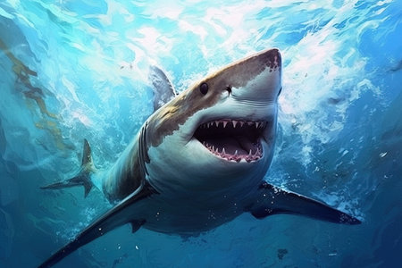 Beneath the surface, the enigmatic world of sharks unfolds, captivating hearts with their beauty and reminding us of nature's wonders, illustration generative aiの素材