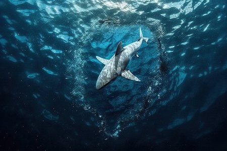 Beneath the surface, the enigmatic world of sharks unfolds, captivating hearts with their beauty and reminding us of nature's wonders, illustration generative aiの素材