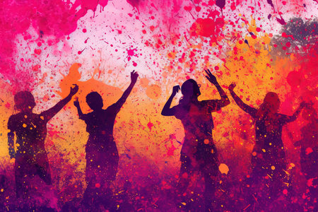 Abstract Holi festival fills the air with laughter and joy, as vibrant powders explode in a kaleidoscope of hues, abstract, silhouette people, illustration generative aiの素材