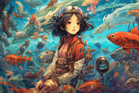 Oceanic Odyssey: Join a group of adventurous friends as they embark on a thrilling underwater expedition, encountering mystical creatures in a captivating manga style, illustration generative aiの素材