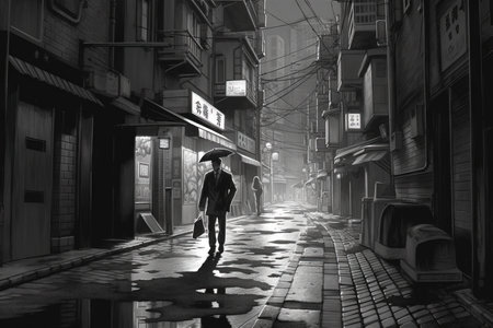 The Vanishing Act: Explore the enigmatic world of quiet quitting, where characters dissolve into shadows, blending seamlessly with the monochrome manga - inspired backdrop, illustration generative aiの素材