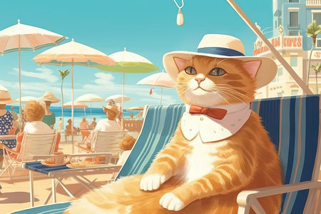 A Cat Vacation Chronicles: Follow the travel adventures of a curious cat who explores coastal towns, capturing the essence of summer cartoon style illustration generative aiの写真素材
