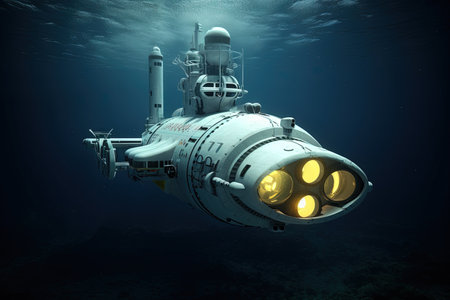 Small white submarine in the dark bottom ocean, illustration generative aiの素材