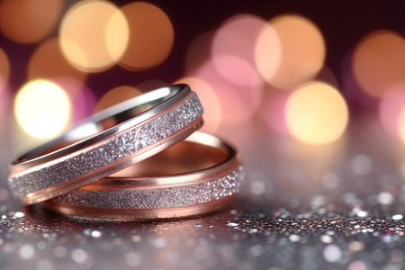 Corner design wedding bands on a glitter glitter background in panoramic banner format with copy space and selective focus, illustration generative aiの素材