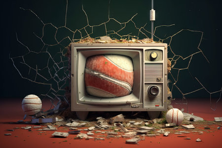 Television broken by tennis ball illustration generative aiの写真素材