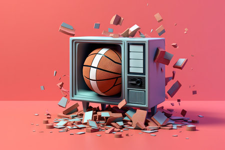 Television broken by basketball basket ball illustration generative aiの写真素材