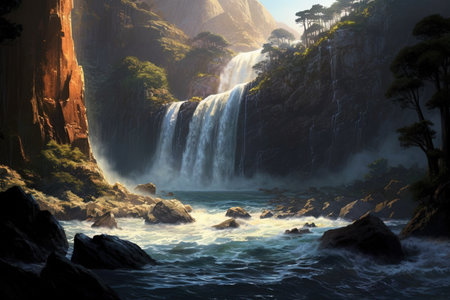 breathtaking waterfall cascading down a rugged cliff, its sparkling waters reflecting the sunlight and creating a mesmerizing display of nature's power. illustration generative aiの素材