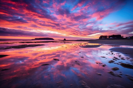 mesmerizing sunset over a serene beach, with vibrant hues of orange, pink, and purple painting the sky. The image captures the beauty and tranquility of nature illustration generative aiの素材