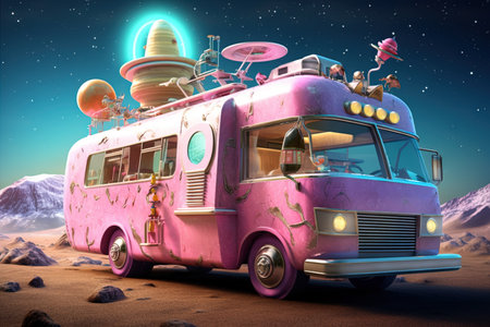 The Extraterrestrial Ice Cream Truck a spaceship that looks like a vintage truck from the 1950s, it offers cosmic - flavored ice cream to curious extraterrestrial beings, illustration generative aiの素材