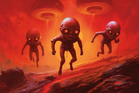 Across the galaxies, a race of red aliens with fiery eyes and crimson - hued exoskeletons traverse the cosmos illustration generative aiの素材