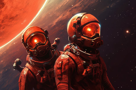 Across the galaxies, a race of red aliens with fiery eyes and crimson - hued exoskeletons traverse the cosmos illustration generative aiの素材