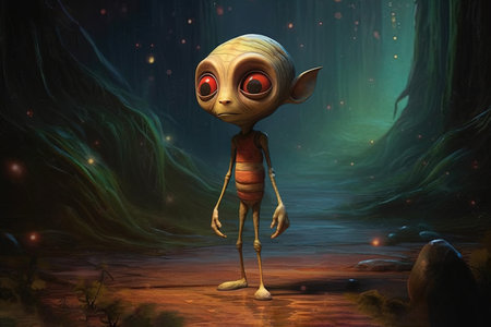 Unraveling the mysteries of extraterrestrial life, an alien Pinocchio with elongated limbs and glowing eyes emerges from the depths of the universe, illustration generative aiの素材