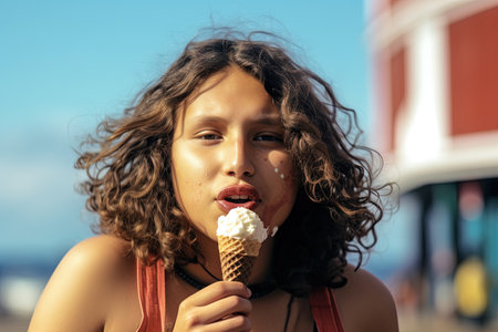 Eating an ice cream, latina hispanic beautiful girl illustration generative aiの素材