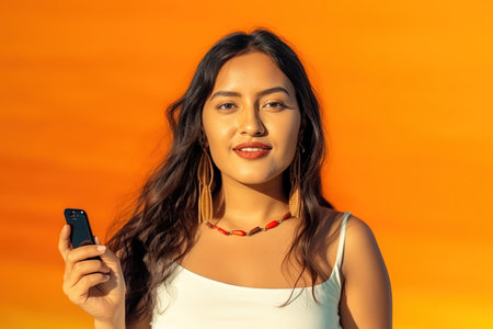 Isolated on orange background holding a smartphone smiling ,latina hispanic beautiful girl illustration generative aiの素材
