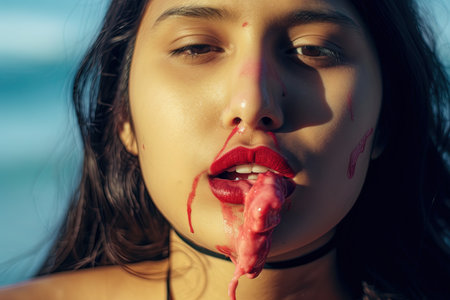 Eating an ice cream, latina hispanic beautiful girl illustration generative aiの素材