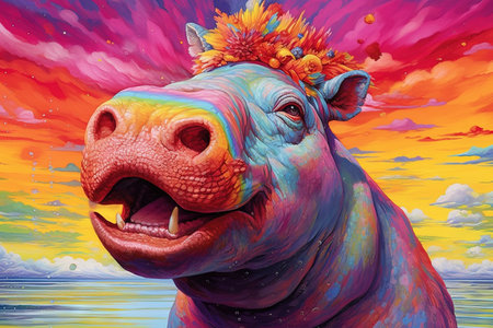 hippo rainbow colors surreal, illustration generative aiの素材