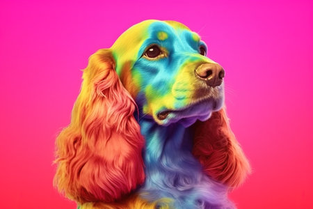 Cocker Spaniel dog rainbow colors surreal, illustration generative aiの素材
