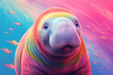 manatee rainbow colors surreal, illustration generative aiの素材