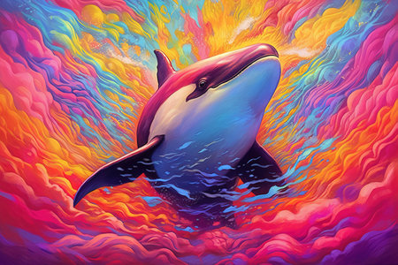 Orca rainbow colors surreal, illustration generative aiの素材