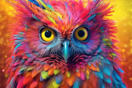 Owl rainbow colors surreal, illustration generative aiの素材