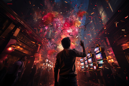 Jackpot Fever: Experience the electrifying thrill of the casino floor as lights flash, slot machines spin, and a crowd erupts in cheers, illustration generative aiの素材