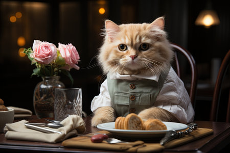The Disguised Foodie Cat: Imagine a mischievous cat, cleverly disguised as a food critic, sneaking into restaurants to sample the finest dishes and leaving humorous reviews, illustration generative aiの素材