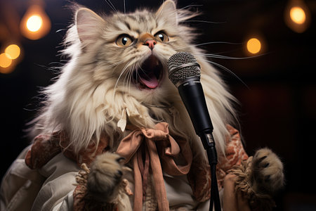 The Disguised Stand - up Comedian Cat: Picture a witty cat, masquerading as a stand - up comedian, delivering side - splitting jokes and amusing anecdotes, illustration generative aiの素材