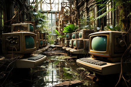 Technological relics: Explore a forgotten era where ancient computers and obsolete gadgets lie abandoned, their retro - futuristic charm frozen in time, illustration generative aiの素材