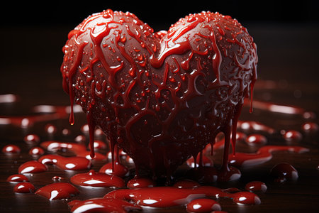 Sweet Melting Love: A melting red heart - shaped chocolate, against a backdrop of molten cocoa, evoking warm and tender emotions, illustration generative aiの素材