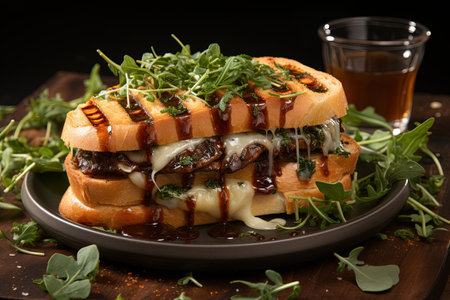 A rustic Italian panini, crafted with crusty ciabatta bread, filled with thinly sliced mortadella, tangy pecorino cheese, peppery arugula, and a drizzle of balsamic glaze, illustration generative aiの素材