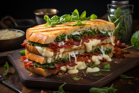 Gourmet Delight: An Italian panini masterpiece, layered with succulent prosciutto, creamy mozzarella, sun - dried tomatoes, and fresh basil, illustration generative aiの素材