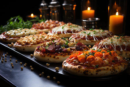 Ultra gourmet pizzas with insane expensive ingredients like caviar, gold, white scams, champagne, diamonds, illustration generative aiの素材
