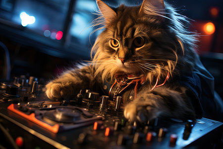 Beats and Whiskers: Step into an alternate reality where a wise - cracking cat DJs with floating turntables, spinning records made of celestial bodies. Cosmic hip hop vibes, illustration generative aiの素材