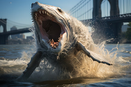white shark whale hybrid breaching in hudson river new york city, illustration generative aiの素材